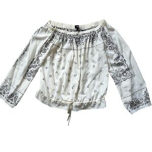 Theory White Black Silk Crepe Off the Shoulder Odettah Banana Blouse P/XS